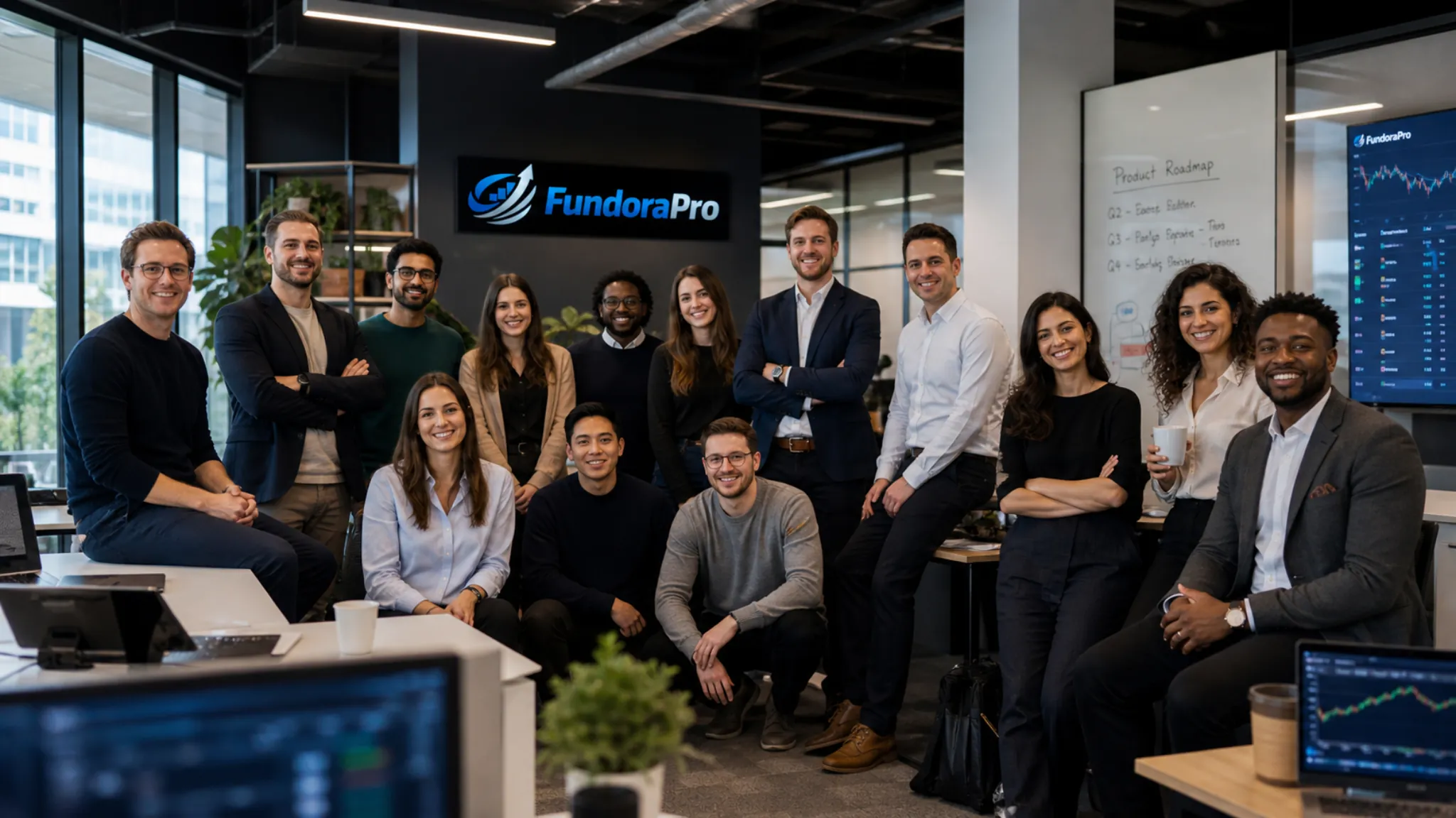 FundoraPro team in a modern office environment for prop trading education and funded account challenges