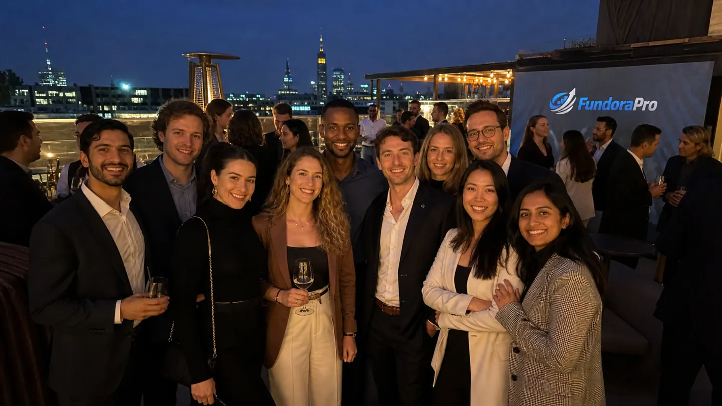FundoraPro team at a rooftop networking event with company branding