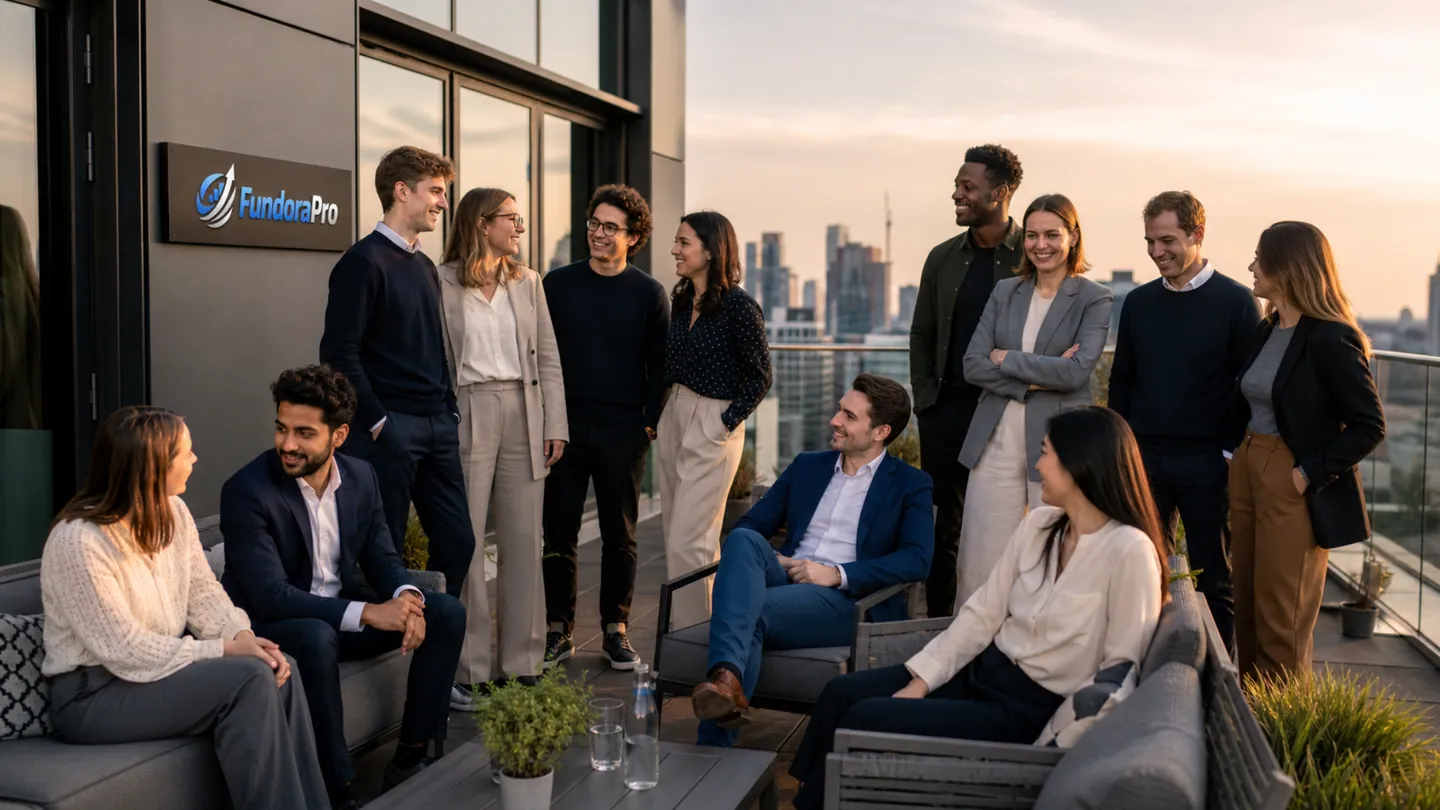 FundoraPro team discussion on a rooftop terrace with trader education focus